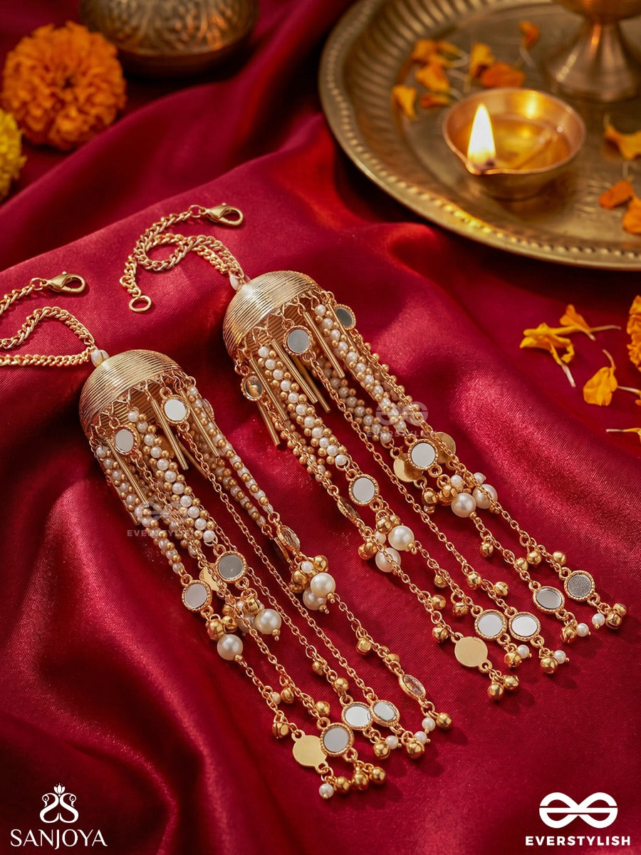 Shaivika – Serene Majesty – Ornate Kaleera With Textured Silver-Tone Dome, Pearl Strands, Mirror Accents And Flowing Chain Details