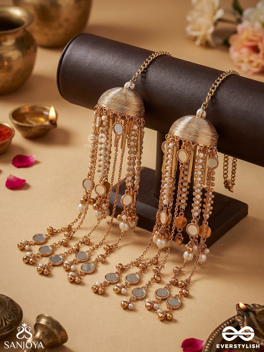 Shaivika – Serene Majesty – Ornate Kaleera With Textured Silver-Tone Dome, Pearl Strands, Mirror Accents And Flowing Chain Details