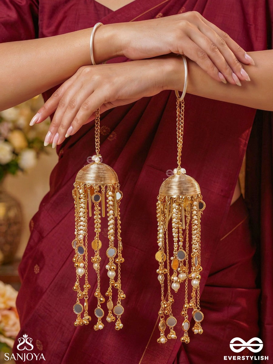 Shaivika – Serene Majesty – Ornate Kaleera With Textured Silver-Tone Dome, Pearl Strands, Mirror Accents And Flowing Chain Details