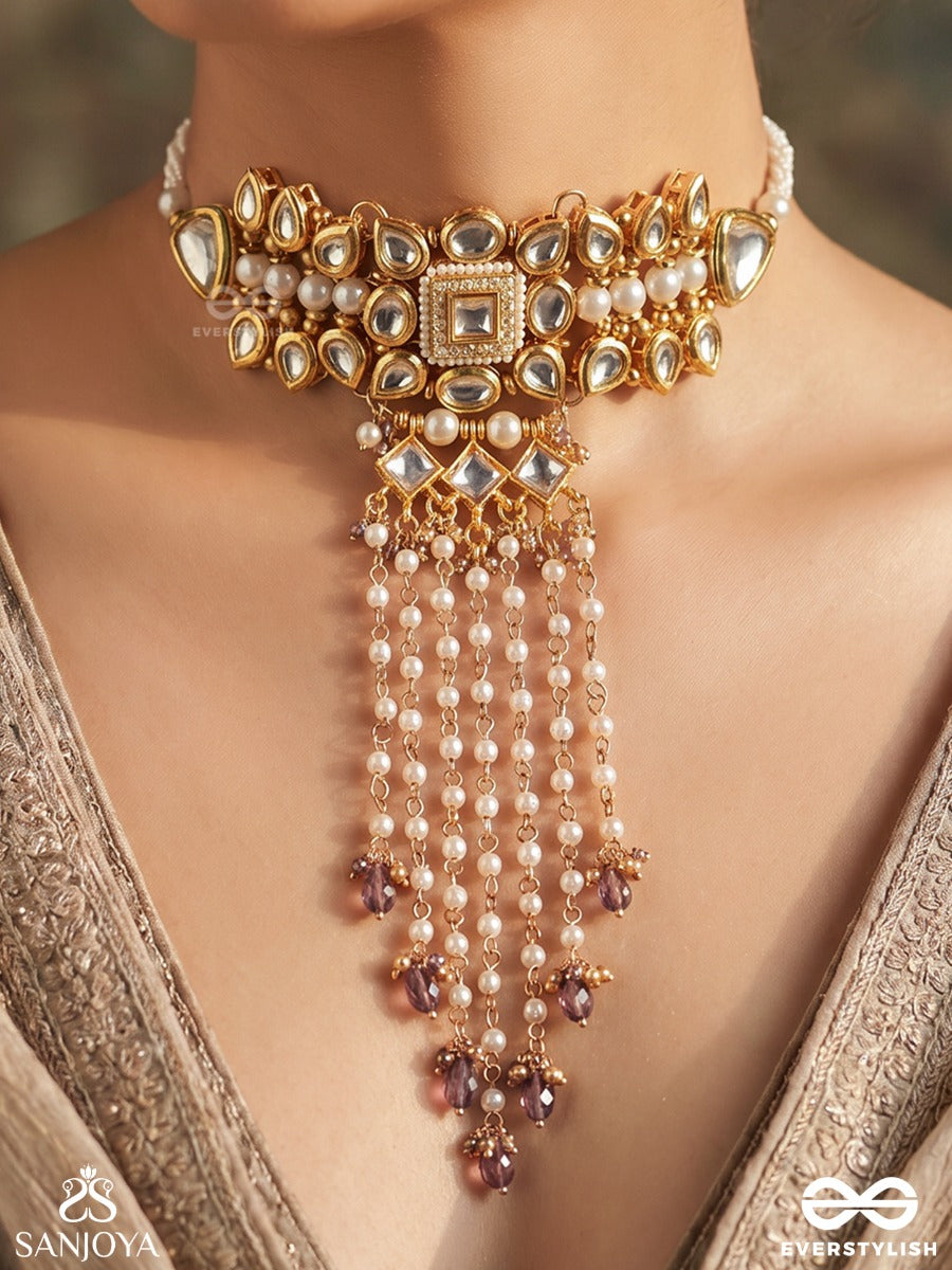 Amrayani – Graceful Flow – Ornate Necklace With Gold-Tone Stonework, Netted Pearl Drops And Deep Blue Bead Accents
