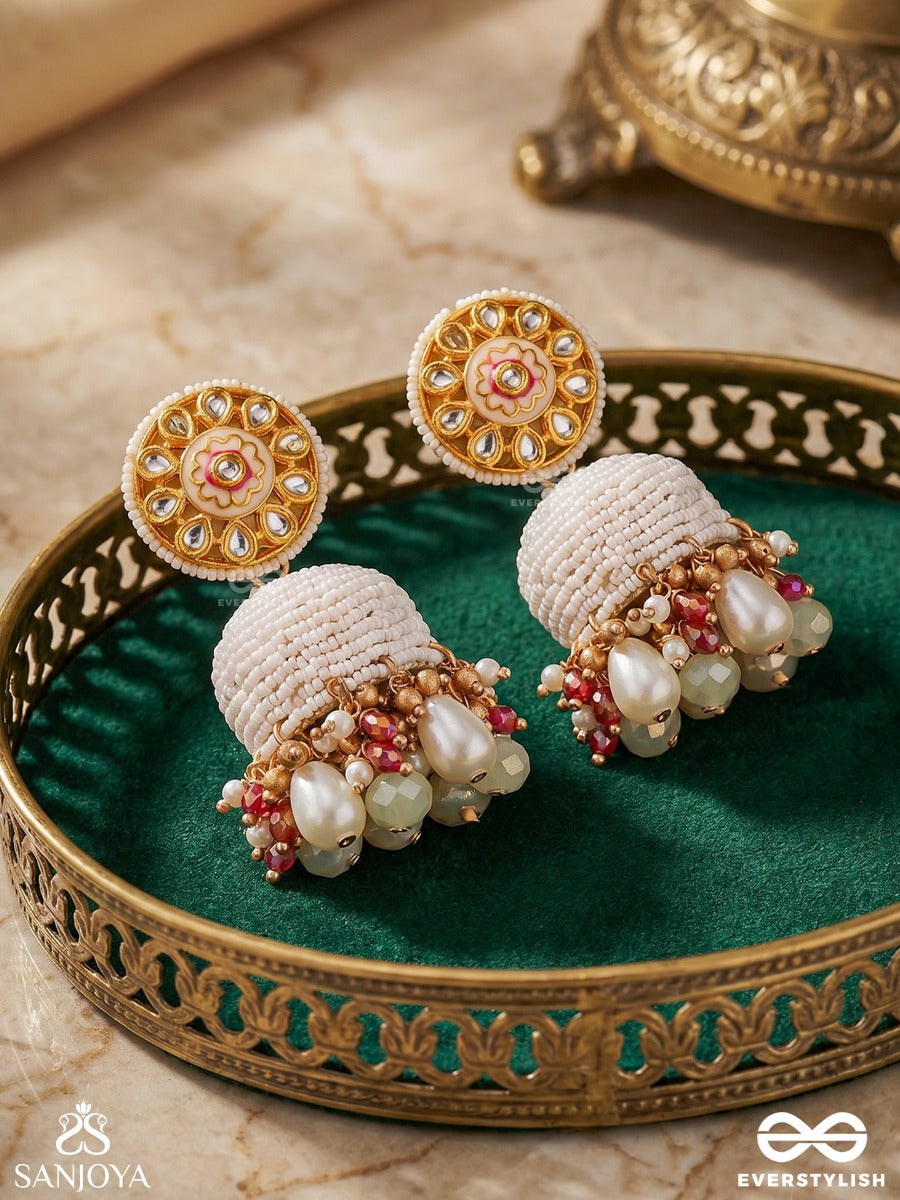 Shwetara – White Radiance – Ornate Earrings With Textured White Dome, Round Embellished Top And Soft Mint Bead Danglers