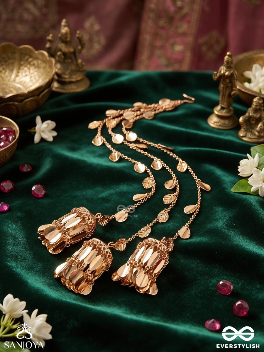 Dhwanika – Echo Of Grace – Ornate Braid Paranda Hair Accessory With Golden-Tone Disc Details, Chain Layers And Dangling Metal Accents