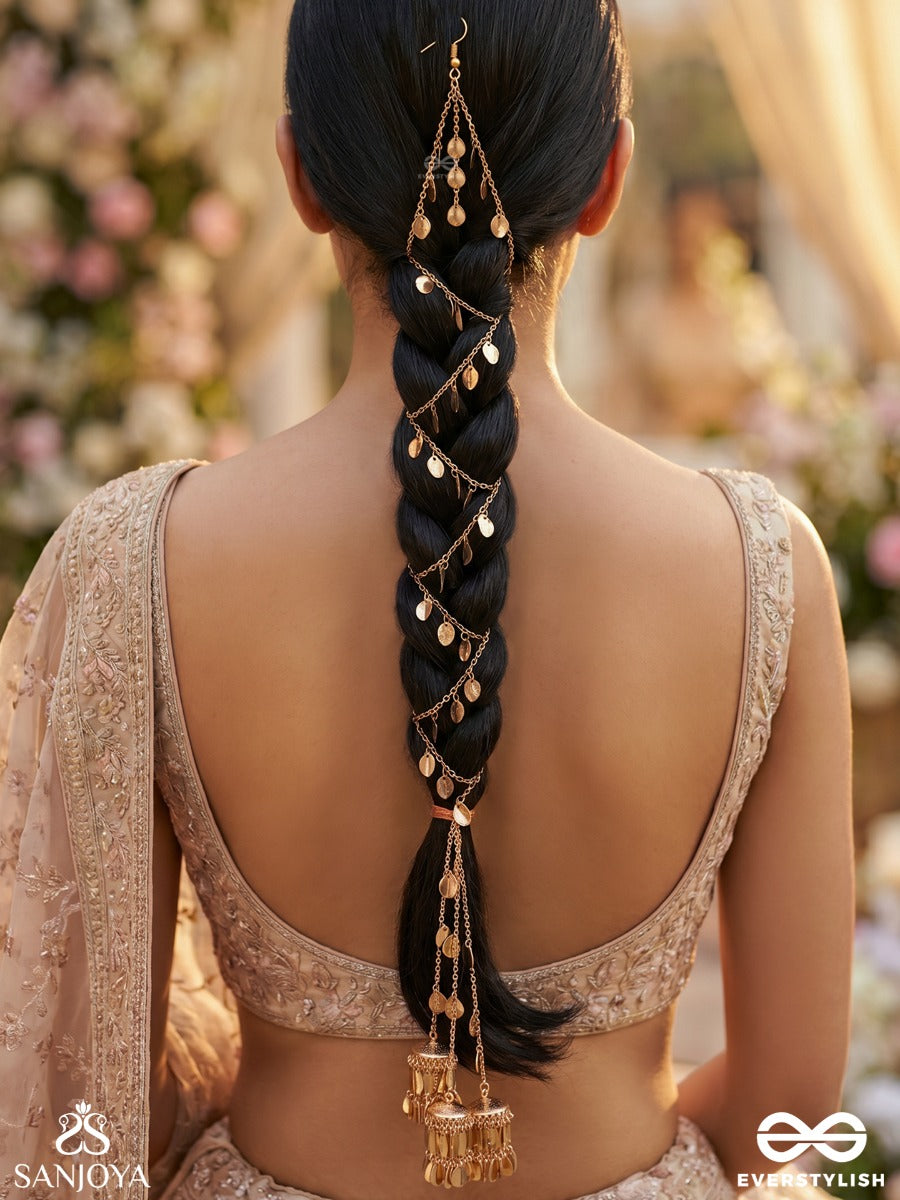 Dhwanika – Echo Of Grace – Ornate Braid Paranda Hair Accessory With Golden-Tone Disc Details, Chain Layers And Dangling Metal Accents