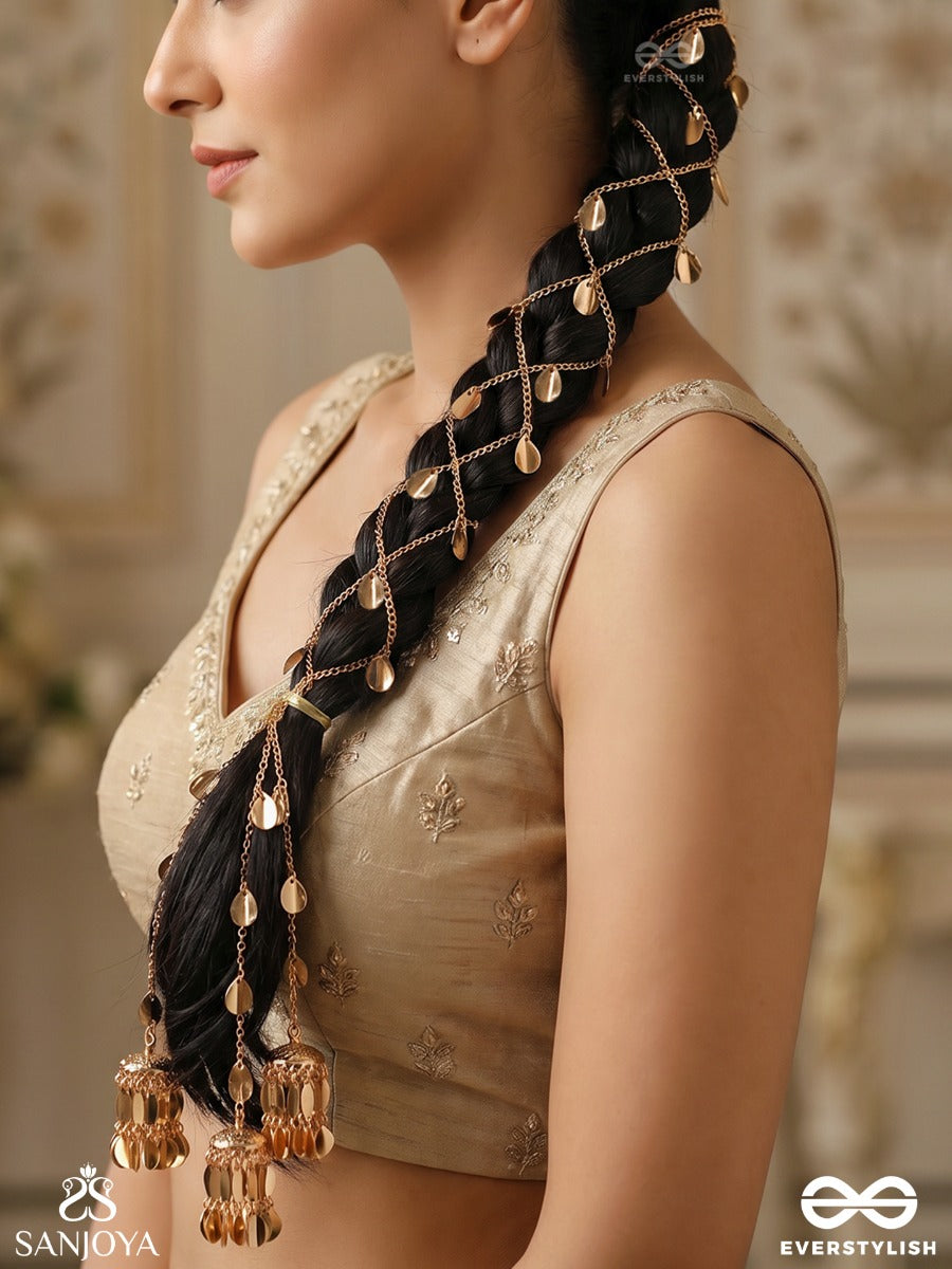 Dhwanika – Echo Of Grace – Ornate Braid Paranda Hair Accessory With Golden-Tone Disc Details, Chain Layers And Dangling Metal Accents