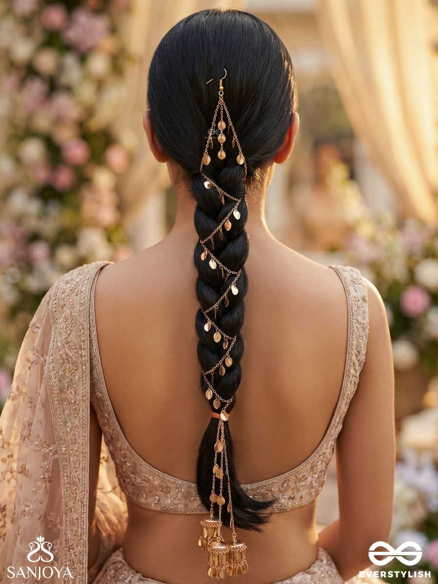 Dhwanika – Echo Of Grace – Ornate Braid Paranda Hair Accessory With Golden-Tone Disc Details, Chain Layers And Dangling Metal Accents