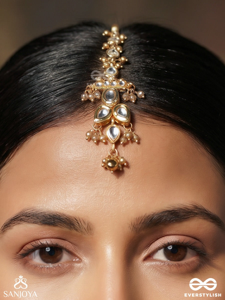 Virashini – Royal Brilliance – Ornate Maangtika With Teardrop Stone Links, Gold-Tone Bead Details And Delicate Dangling Accents