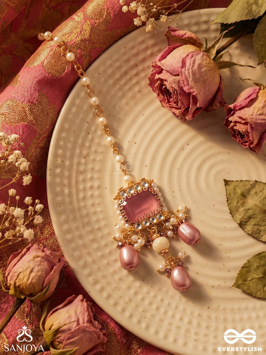 Manorika – Charming Grace – Festive Maangtika With Square Pink Centerpiece, Pearl Border And Deep Mauve Bead Danglers