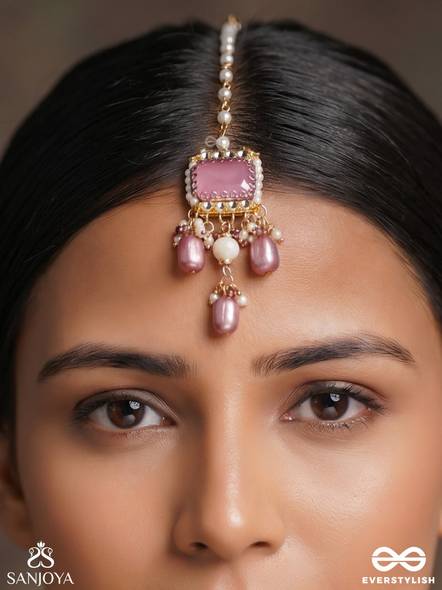 Manorika – Charming Grace – Festive Maangtika With Square Pink Centerpiece, Pearl Border And Deep Mauve Bead Danglers