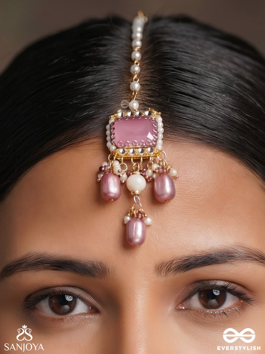 Manorika – Charming Grace – Festive Maangtika With Square Pink Centerpiece, Pearl Border And Deep Mauve Bead Danglers