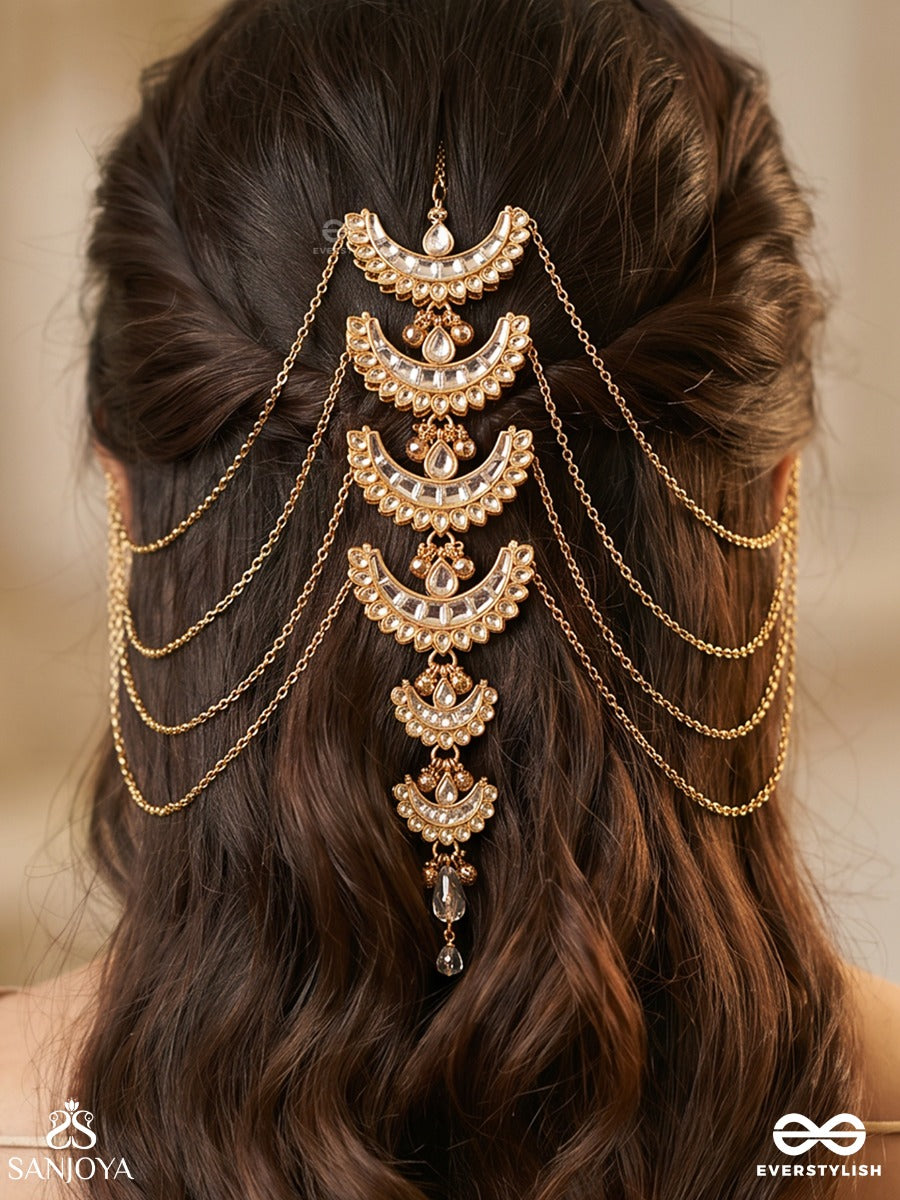 Chandrasira – Moon Crown – Ornate Hair Accessory With Crescent Motifs, Stone Details And Delicate Chain Extensions