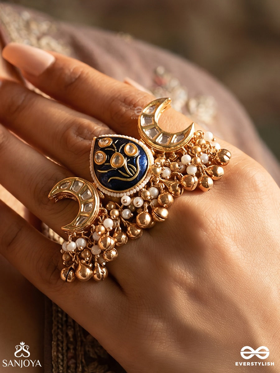 Shyamkala – Dark Artistry – Festive Ring With Deep Blue Enamel Detail, Golden Crescent Links And Clustered Bead Hangings