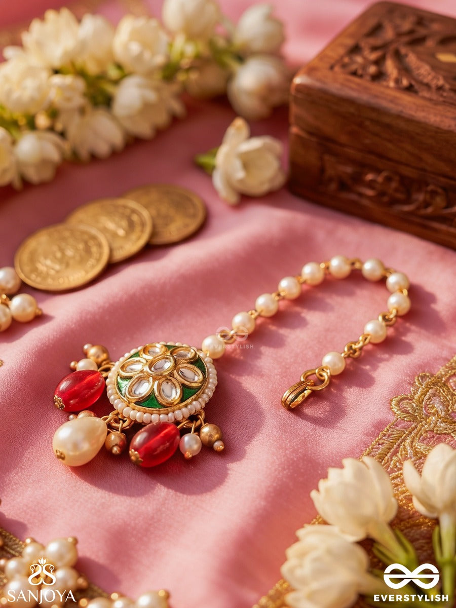 Kiranika – Little Ray Of Beauty – Ornate Maangtika With Pearl Chain, Floral Centerpiece And Colourful Bead Danglers