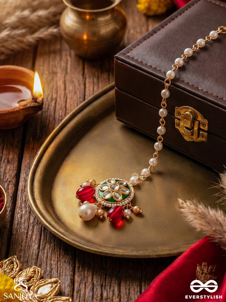 Kiranika – Little Ray Of Beauty – Ornate Maangtika With Pearl Chain, Floral Centerpiece And Colourful Bead Danglers