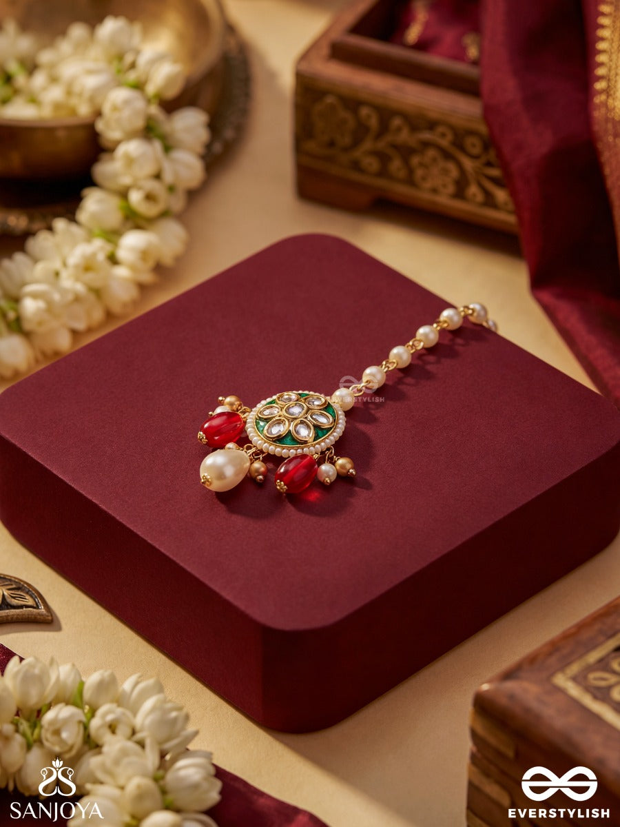 Kiranika – Little Ray Of Beauty – Ornate Maangtika With Pearl Chain, Floral Centerpiece And Colourful Bead Danglers