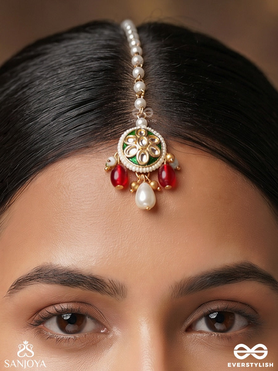 Kiranika – Little Ray Of Beauty – Ornate Maangtika With Pearl Chain, Floral Centerpiece And Colourful Bead Danglers