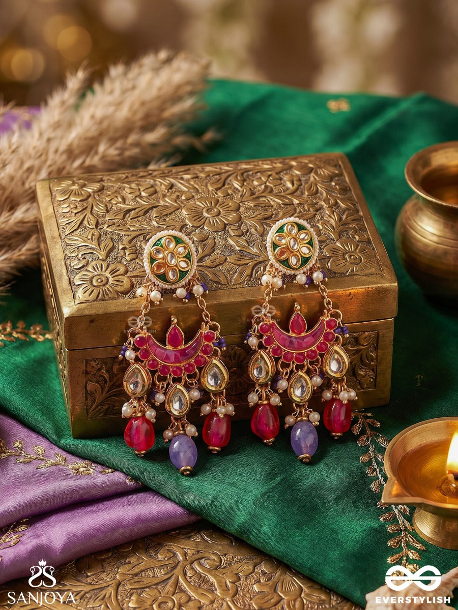 Sanjhika – Evening Glow – Festive Earrings With Mirror Details, Pearl Clusters, Gold-Tone Floral Work And Colourful Danglers