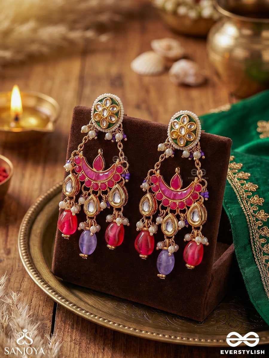 Sanjhika – Evening Glow – Festive Earrings With Mirror Details, Pearl Clusters, Gold-Tone Floral Work And Colourful Danglers