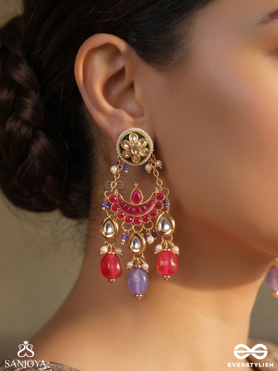 Sanjhika – Evening Glow – Festive Earrings With Mirror Details, Pearl Clusters, Gold-Tone Floral Work And Colourful Danglers