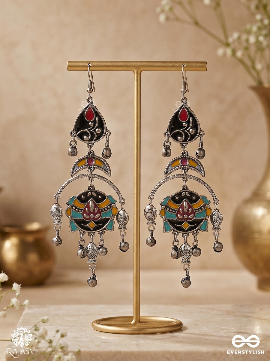 Mayur Lehar - Oxidised Earrings With Peacock Form, Pink Stone Touches And Flowing Chains