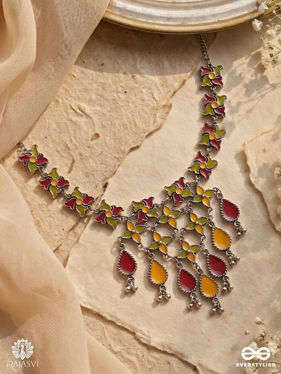 Rangbela - Oxidised Statement Necklace With Floral Enamel Work And Dangling Teardrop Charms