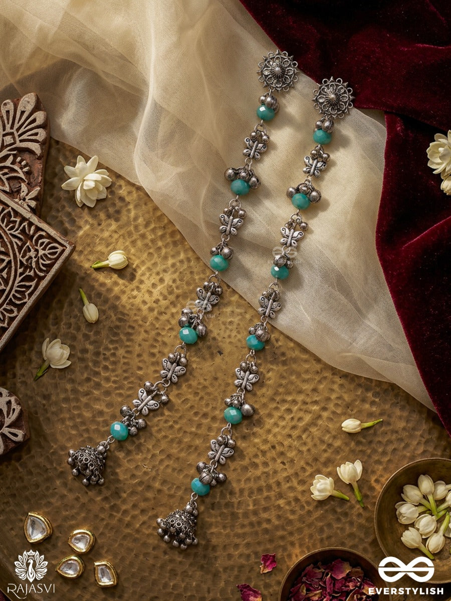 Neel Vatika - Oxidised Statement Earrings With Blue Bead Accents And Antique Floral Motifs