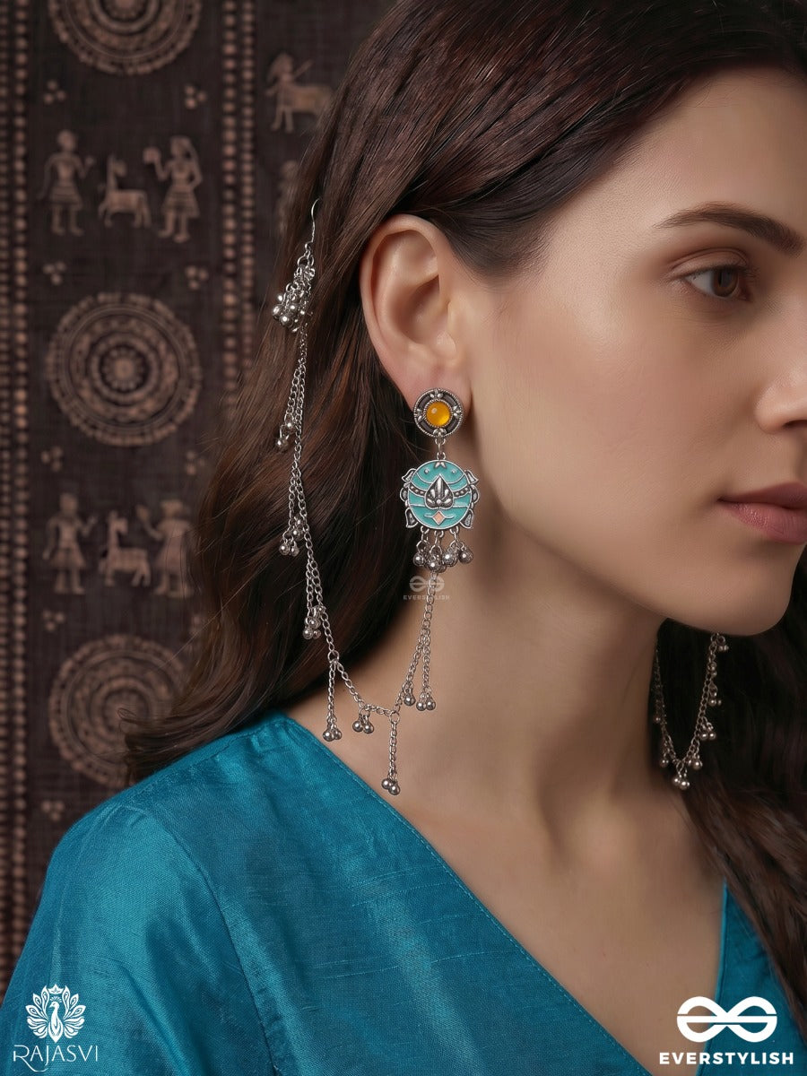 Kaan Sutra - Oxidised Earchain Earrings With Long Chain Trail And Statement Studs