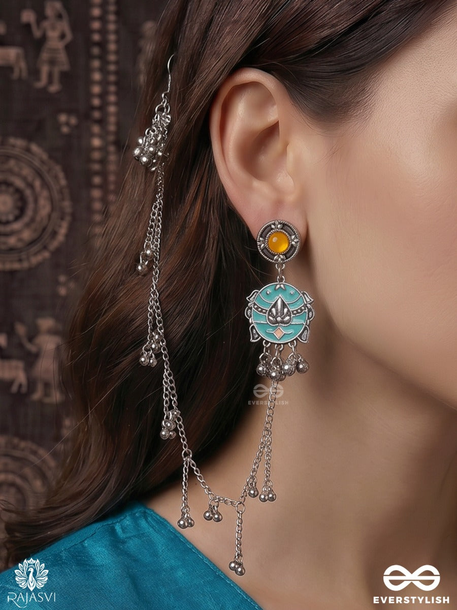 Kaan Sutra - Oxidised Earchain Earrings With Long Chain Trail And Statement Studs