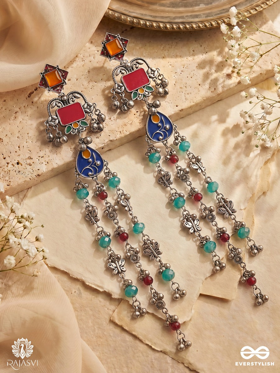 Darpan Taalika - Oxidised Long Earrings With Arched Motifs, Beaded Strands And Floral Danglers