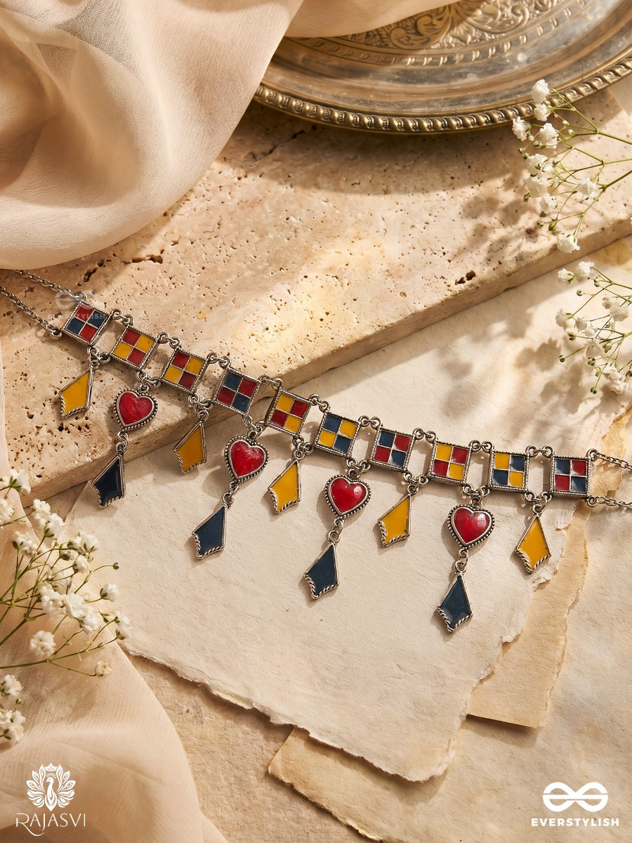 Jharokha Taal - Oxidised Necklace With Mirror-Inspired Panels And Dangling Folk Charms