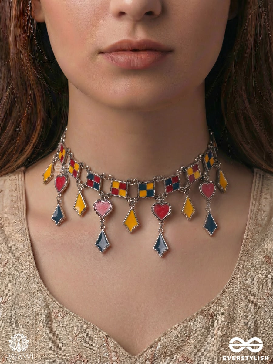 Jharokha Taal - Oxidised Necklace With Mirror-Inspired Panels And Dangling Folk Charms