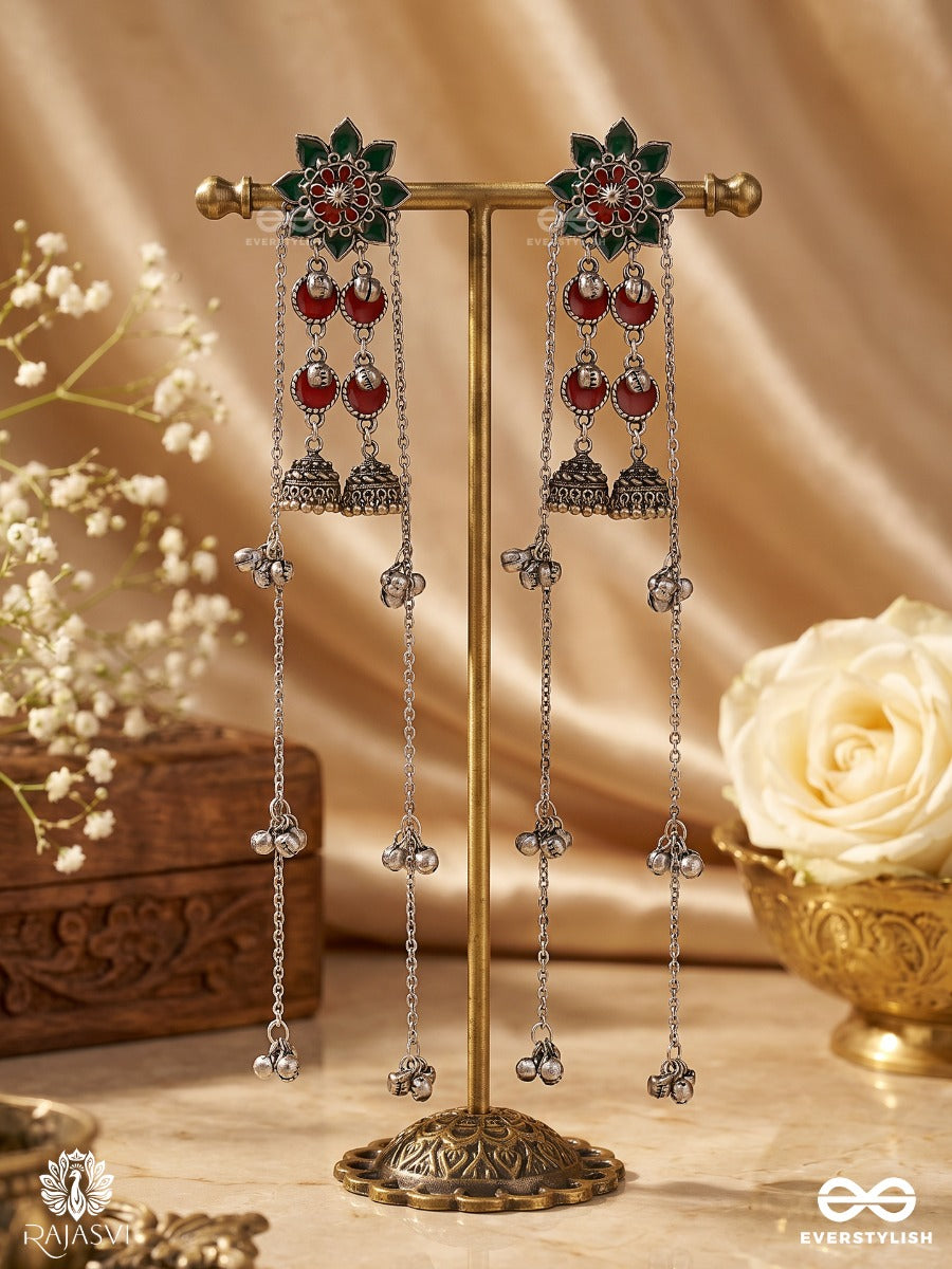 Nritya Rekha - Oxidised Long Earrings With Folk Motifs, Chain Drops And Tribal Hangings