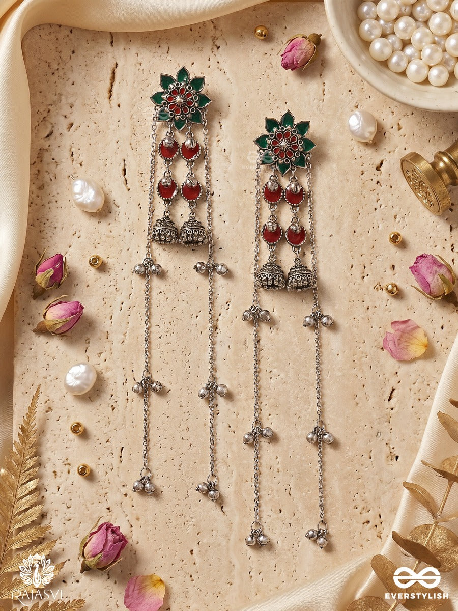 Nritya Rekha - Oxidised Long Earrings With Folk Motifs, Chain Drops And Tribal Hangings