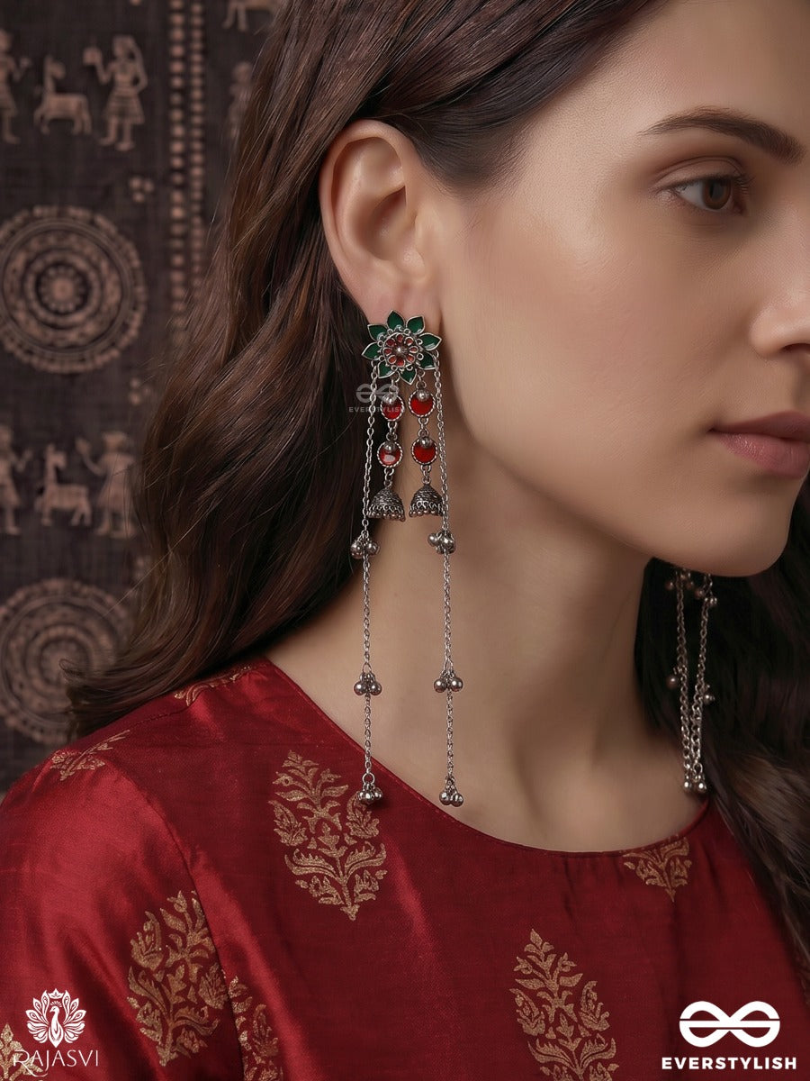 Nritya Rekha - Oxidised Long Earrings With Folk Motifs, Chain Drops And Tribal Hangings