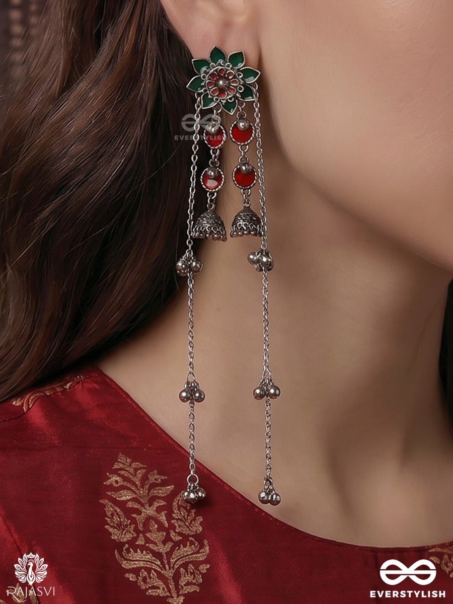 Nritya Rekha - Oxidised Long Earrings With Folk Motifs, Chain Drops And Tribal Hangings