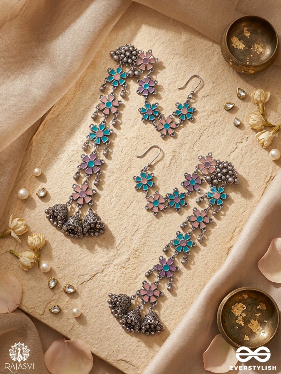 Pushp Rekha - Oxidised Ear Chain Earrings With Bloom Motifs And Traditional Chain Detailing