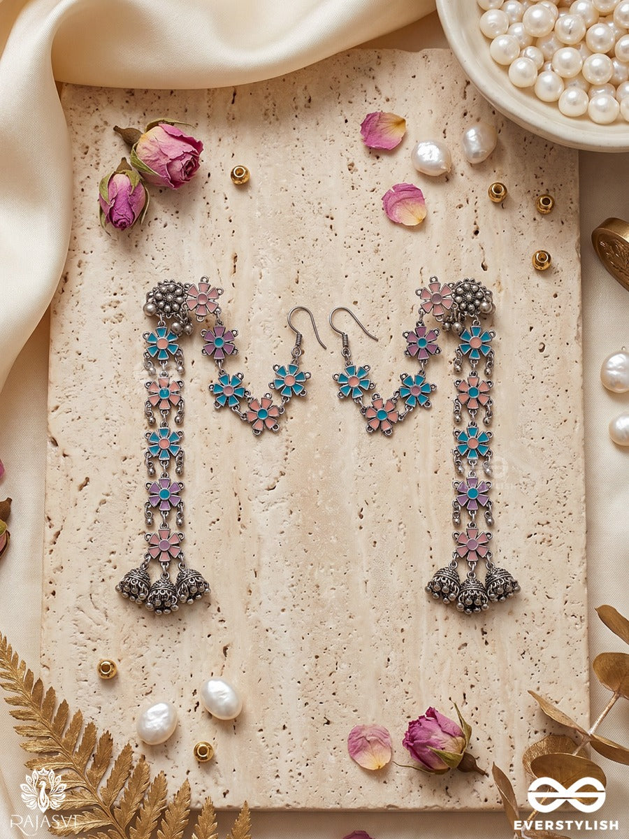 Pushp Rekha - Oxidised Ear Chain Earrings With Bloom Motifs And Traditional Chain Detailing