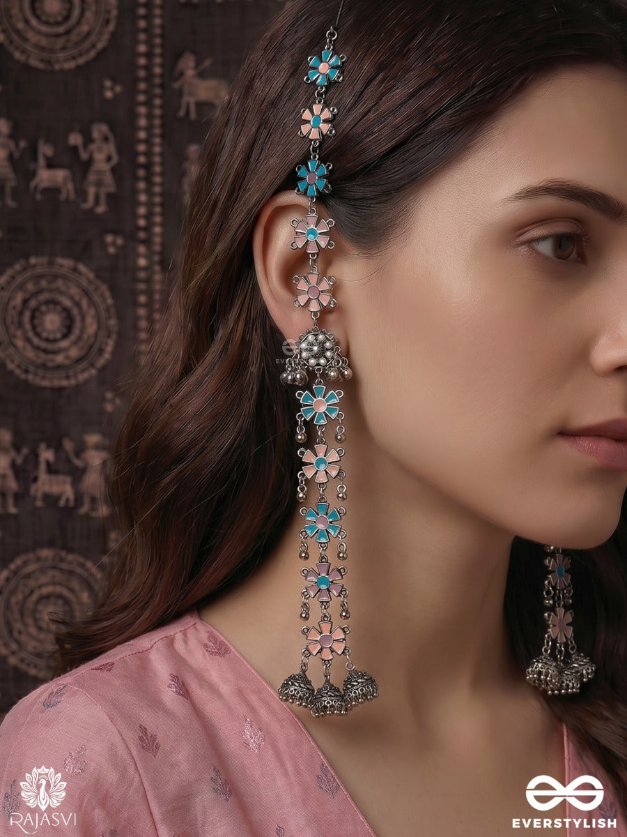 Pushp Rekha - Oxidised Ear Chain Earrings With Bloom Motifs And Traditional Chain Detailing