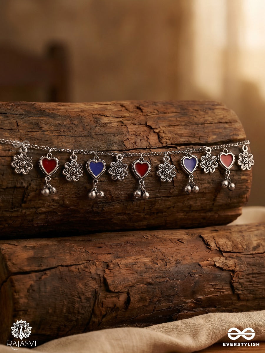 Mohini Taal - Oxidised Necklace With Heart Charms, Floral Links And Ghungroo Drops