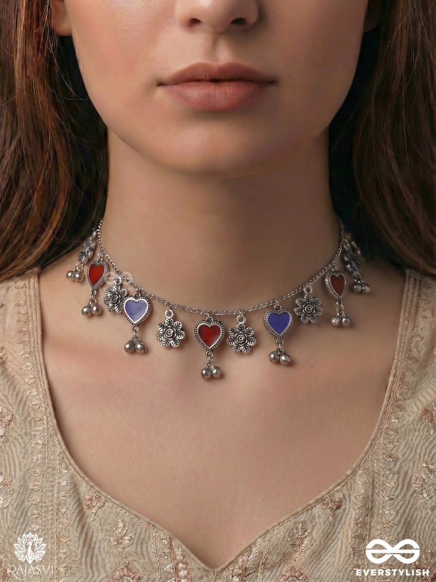 Mohini Taal - Oxidised Necklace With Heart Charms, Floral Links And Ghungroo Drops