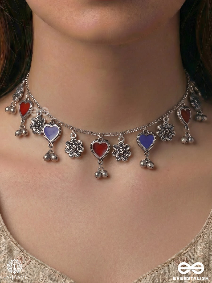 Mohini Taal - Oxidised Necklace With Heart Charms, Floral Links And Ghungroo Drops