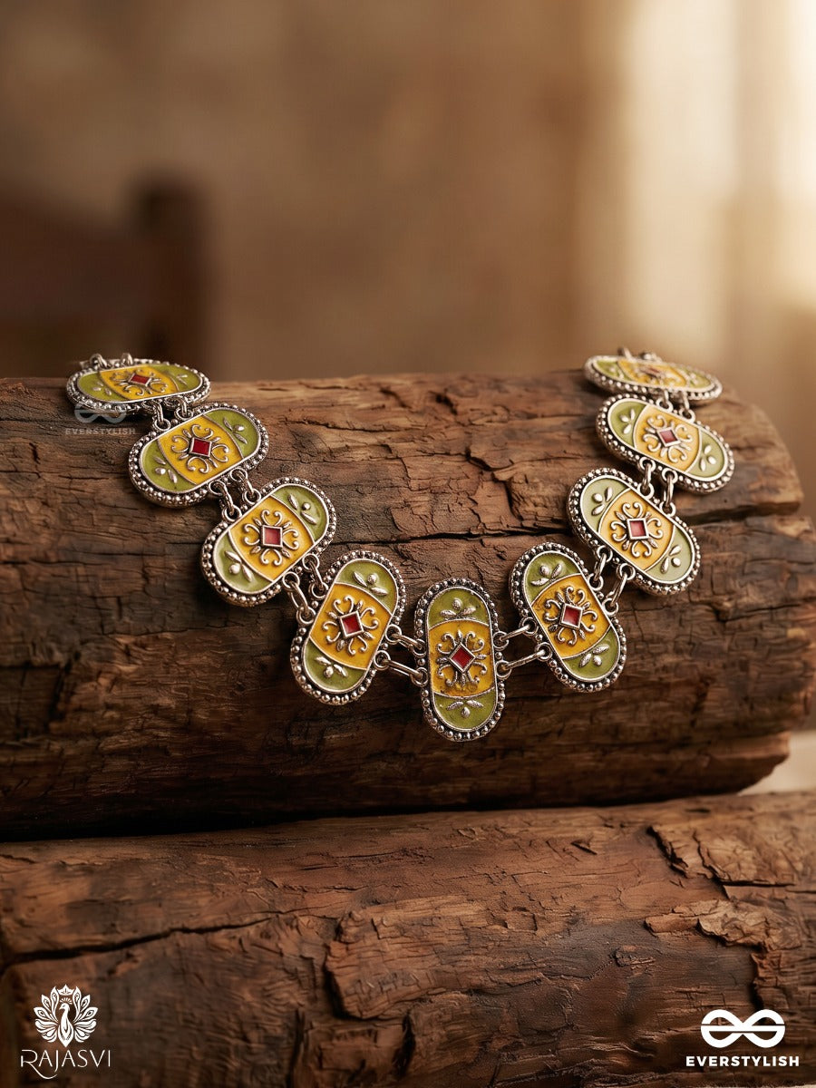 Lok Chitra - Oxidised Necklace With Folk Art Panels And Ornate Enamel Detailing