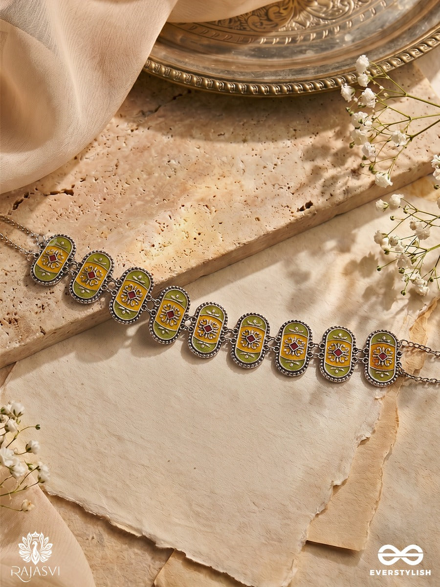Lok Chitra - Oxidised Necklace With Folk Art Panels And Ornate Enamel Detailing
