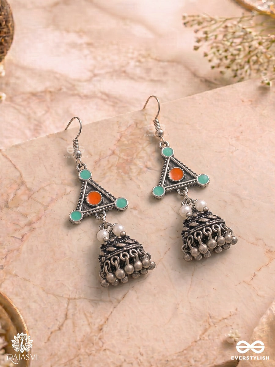 Banjari Teeka - Oxidised Earrings With Tribal Triangle Frame, Stone Accents And Pearl Cluster Drop