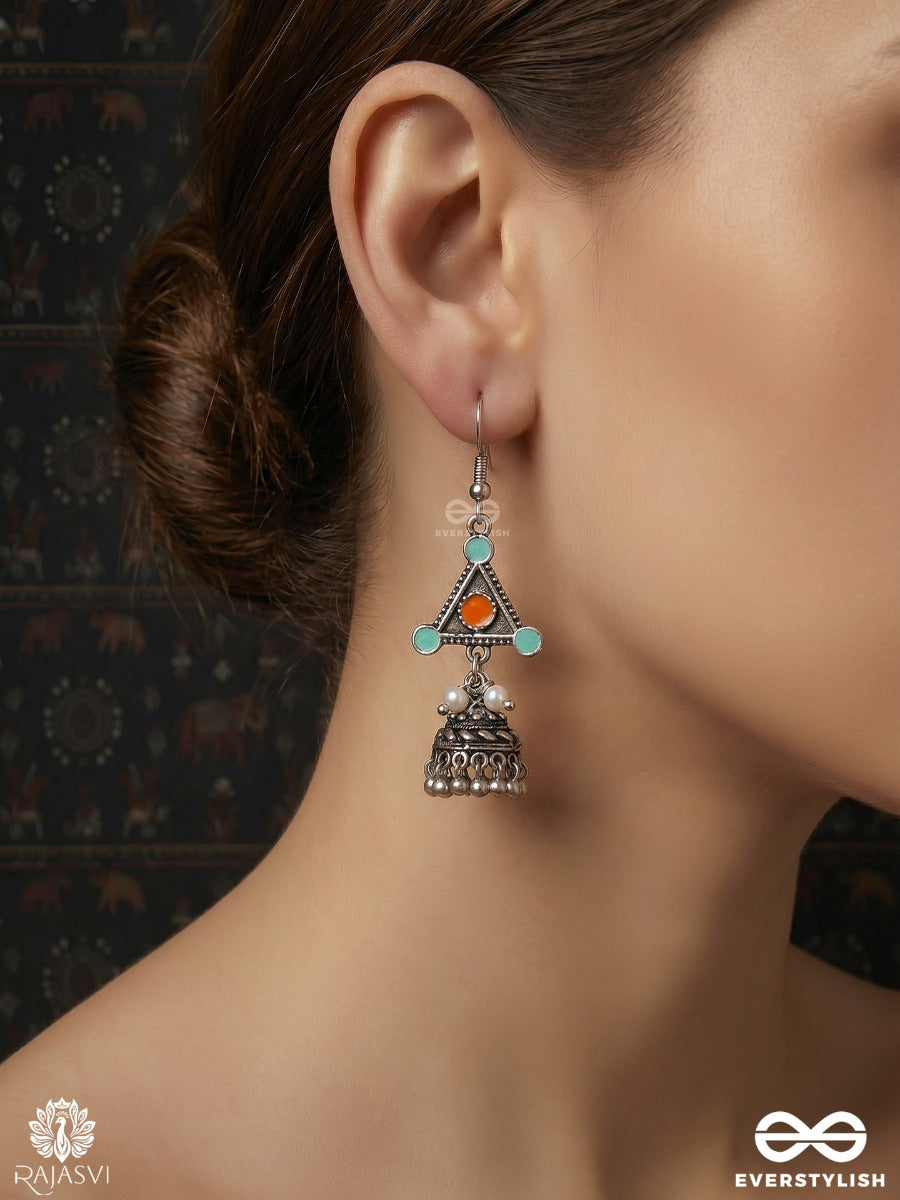 Banjari Teeka - Oxidised Earrings With Tribal Triangle Frame, Stone Accents And Pearl Cluster Drop