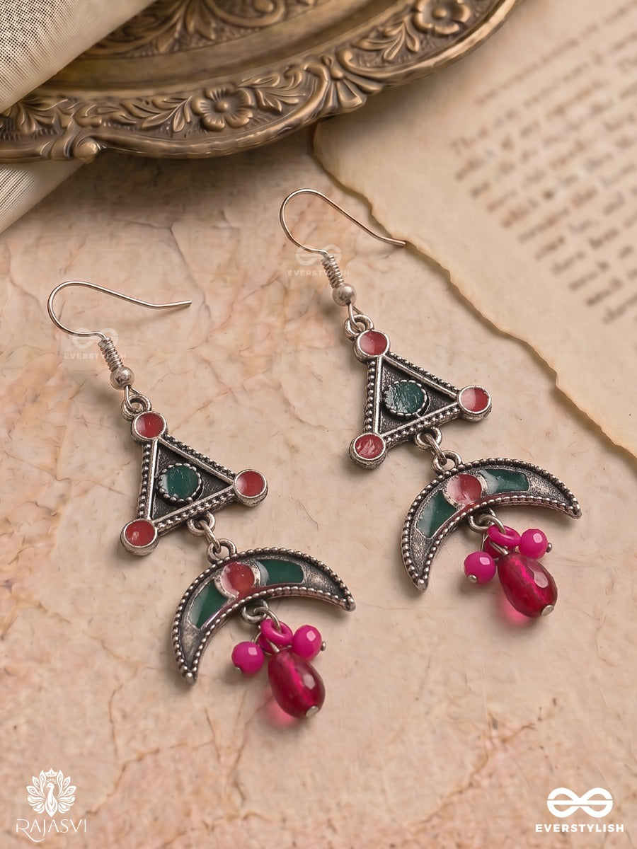 Raahi Mehr - Oxidised Earrings With Triangle Motif, Curved Drop And Dangling Bead Accent