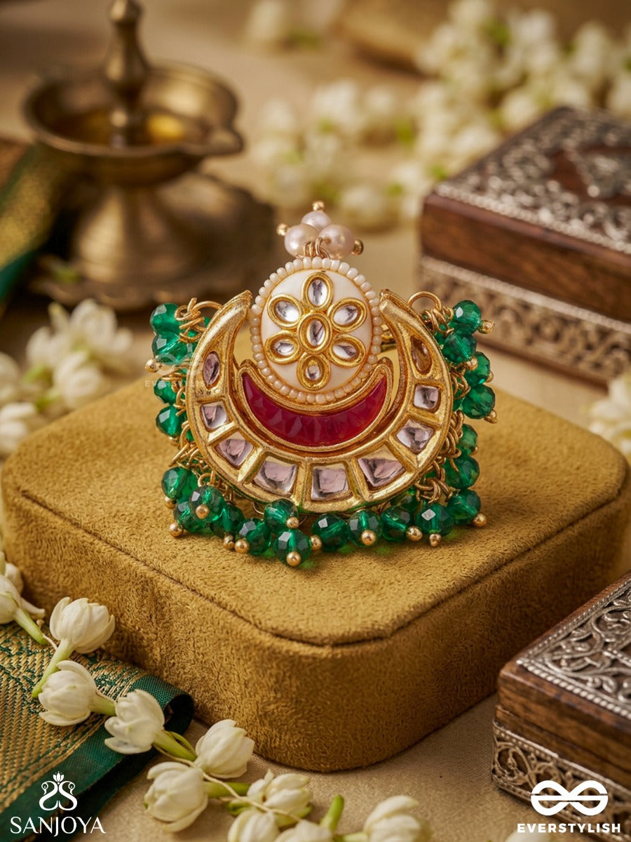Haritindu – Green Moon – Ornate Ring With Crescent Detail, Mirror-Like Stonework, Green Bead Border And Pearl Accent