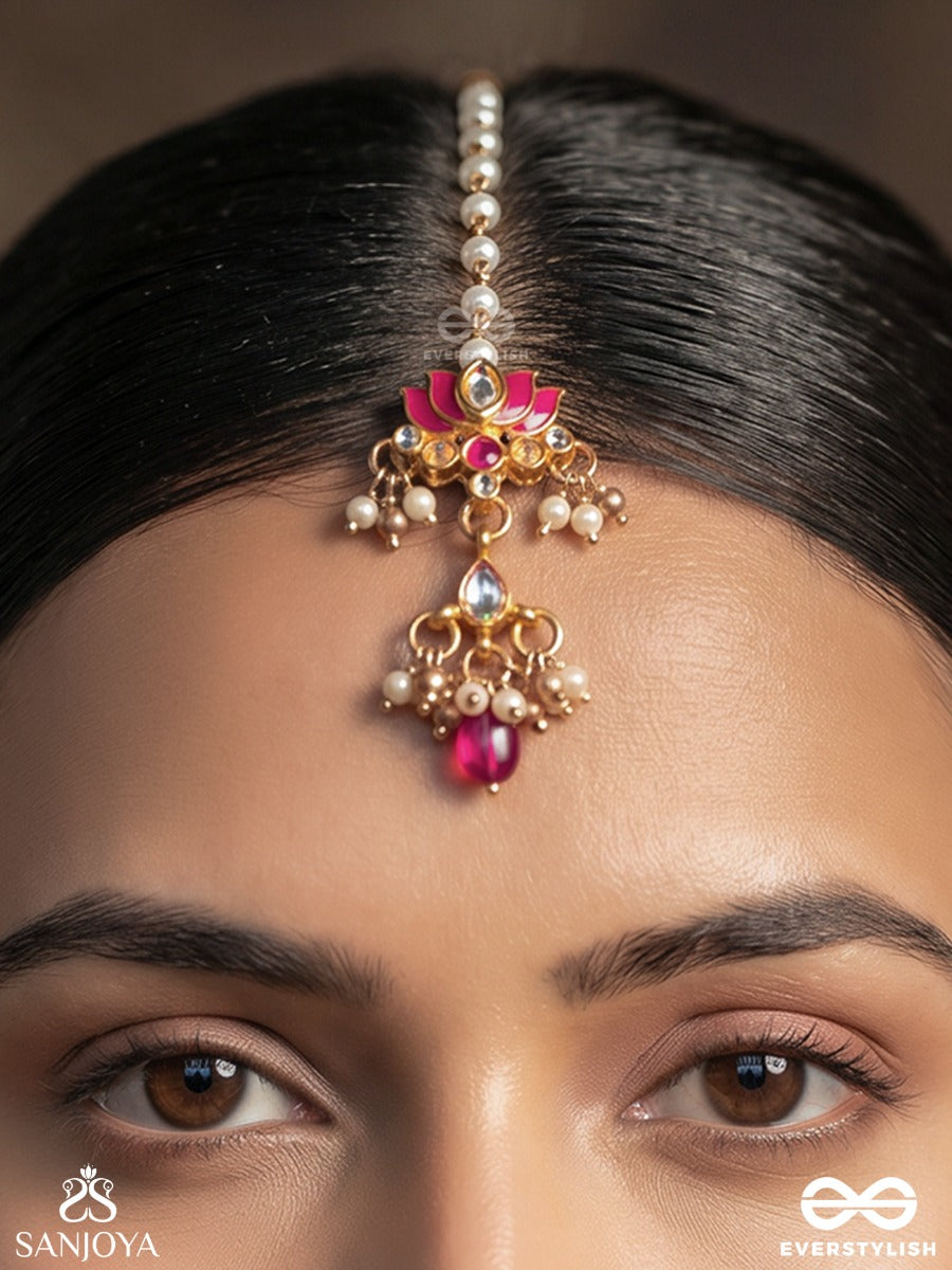 Kusumaira – Blossoming Charm – Delicate Maangtika With Floral Motif, Pink Center Detail, Pearl-Like Chainwork And Dainty Danglers