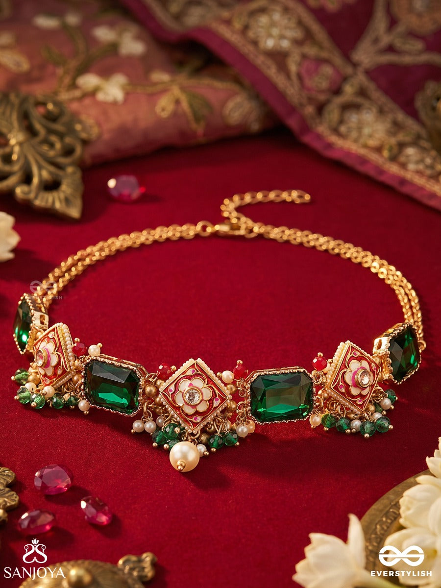 Mehrisha – Grace In Bloom – Festive Necklace With Green Gem Panels, Handpainted Floral Details And Colourful Drop Accents