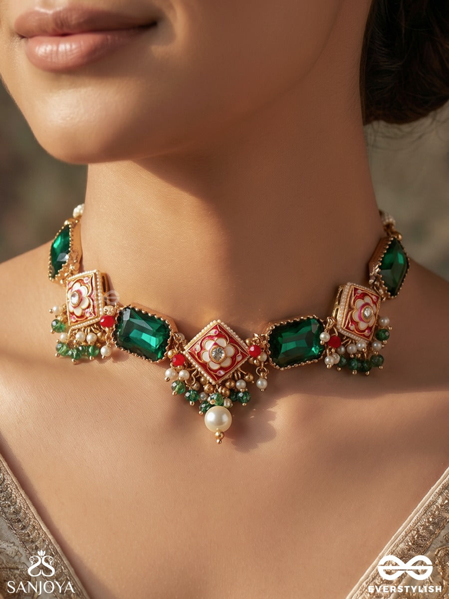 Mehrisha – Grace In Bloom – Festive Necklace With Green Gem Panels, Handpainted Floral Details And Colourful Drop Accents