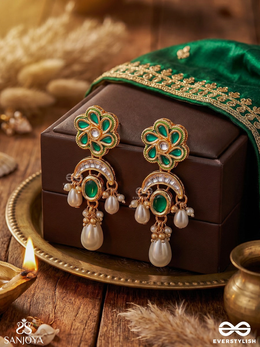 Hariphool – Green Bloom – Festive Earrings With Green Floral Top, Emerald-Toned Center Detail, Pearl Hangings And Single Drop Dangler